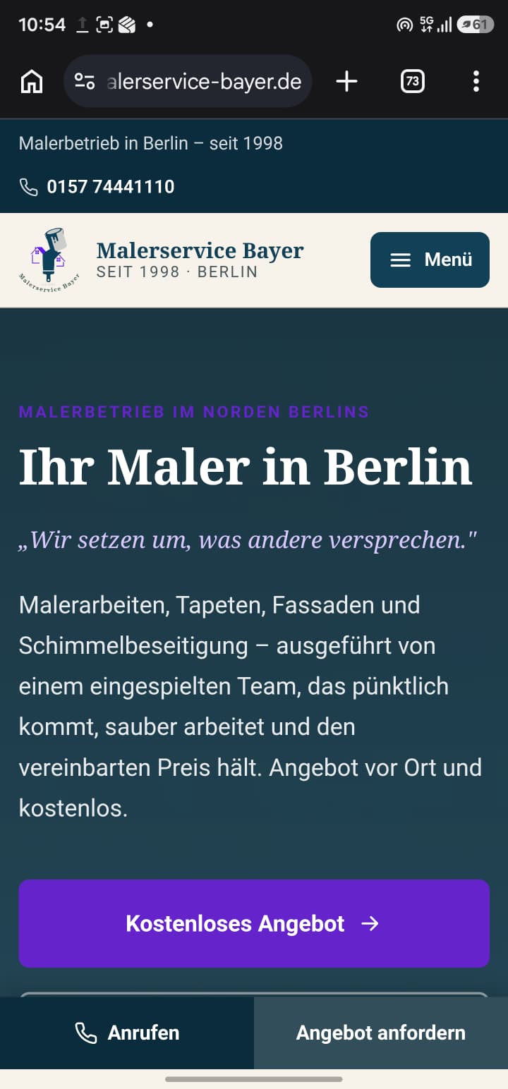 Mobile Startseitenansicht von Malerservice Bayer ohne Browserleiste