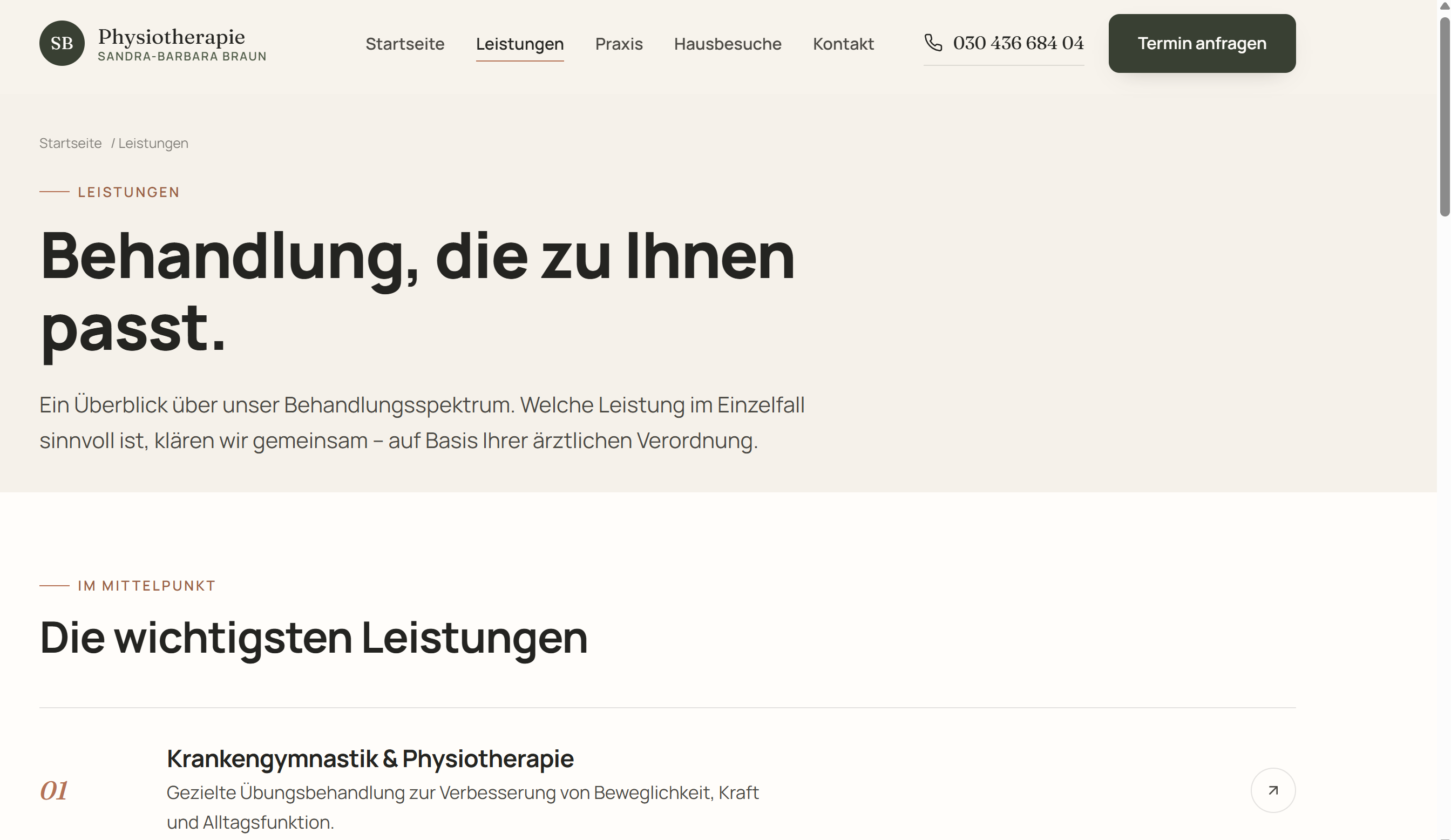 Anonymisierter Ausschnitt einer physiotherapeutischen Leistungsseite
