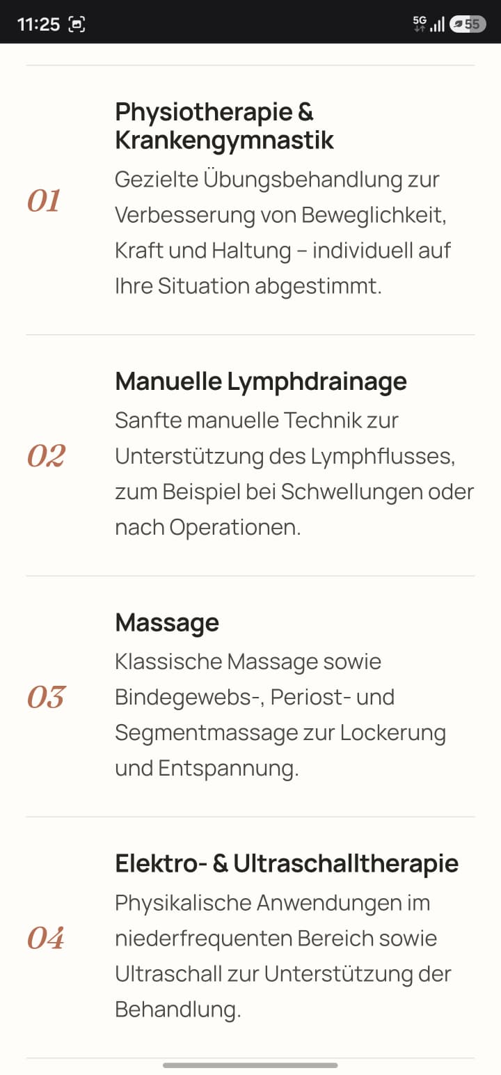 Anonymisierter mobiler Ausschnitt einer physiotherapeutischen Leistungsübersicht