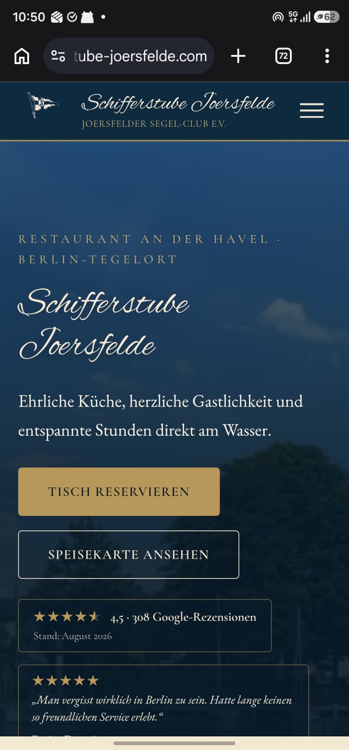 Mobile Startseitenansicht der Schifferstube Joersfelde ohne Browserleiste
